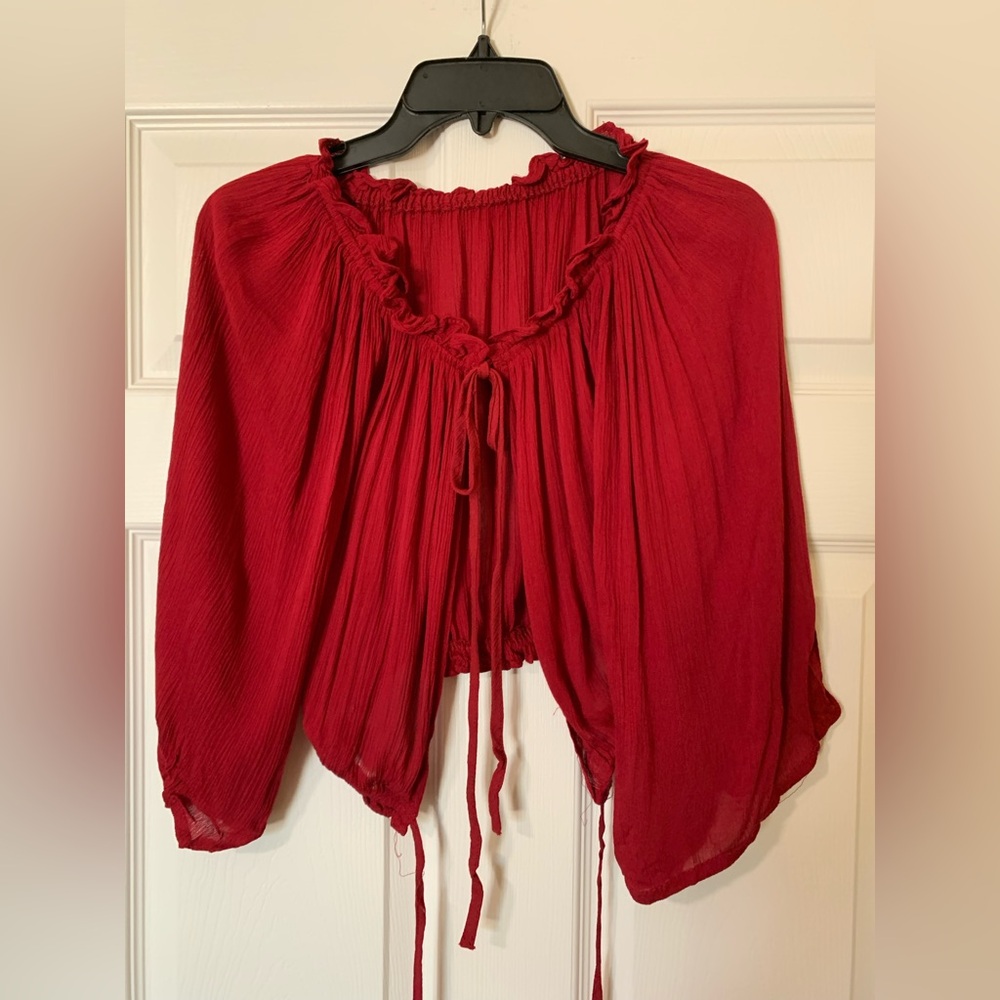 Boho Red Ruffled‎ Tie Front Blouse Beach Vacation Casual Summer